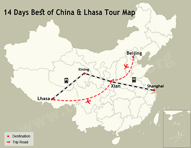 14 Days Best of China & Lhasa Tour Map