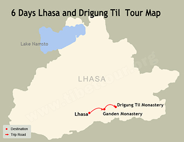 6 Days Lhasa and Drigung Til Tour Map